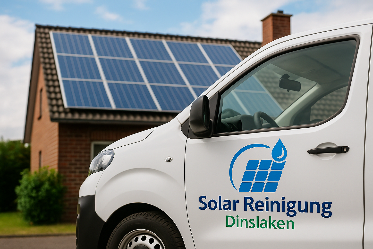 Servicefahrzeug für Solaranlagen Reinigung Dinslaken vor Haus mit PV-Anlage